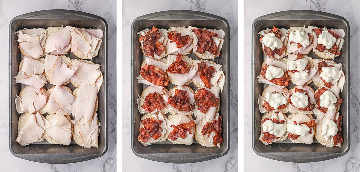 Three images of slider buns in a metal baking pan topped with deli turkey, bacon, and Ranch dressing.