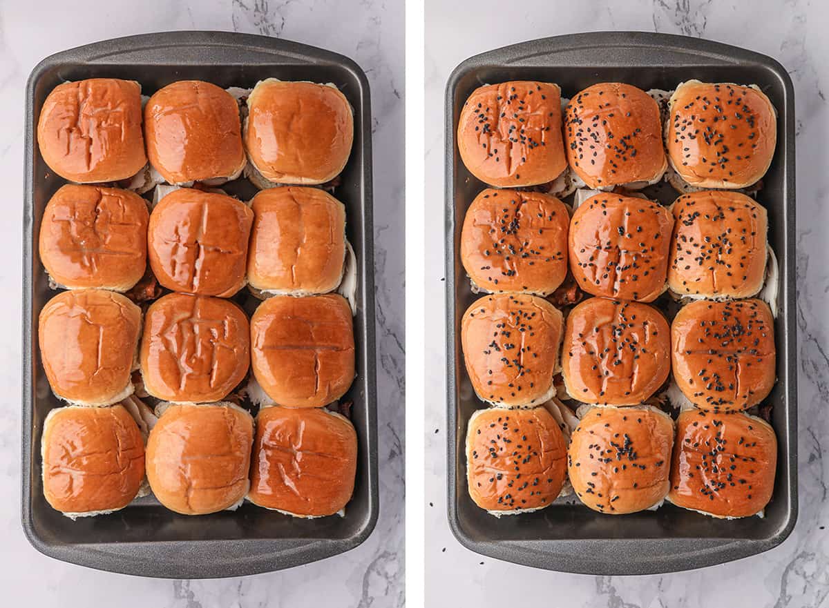 Two images of assembled sliders in a metal baking dish topped with poppy seeds.