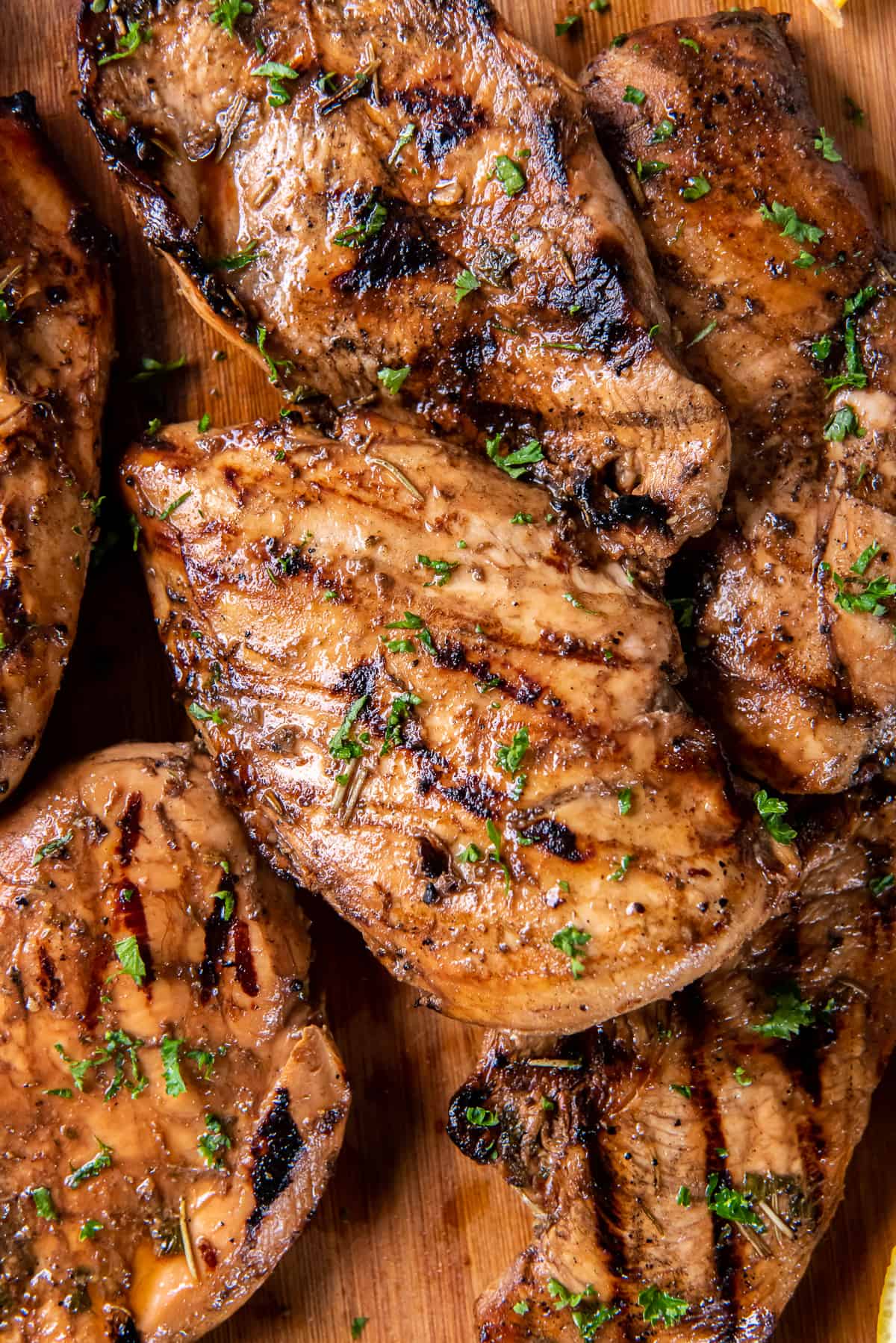 A top down close up shot of grilled chicken breasts.