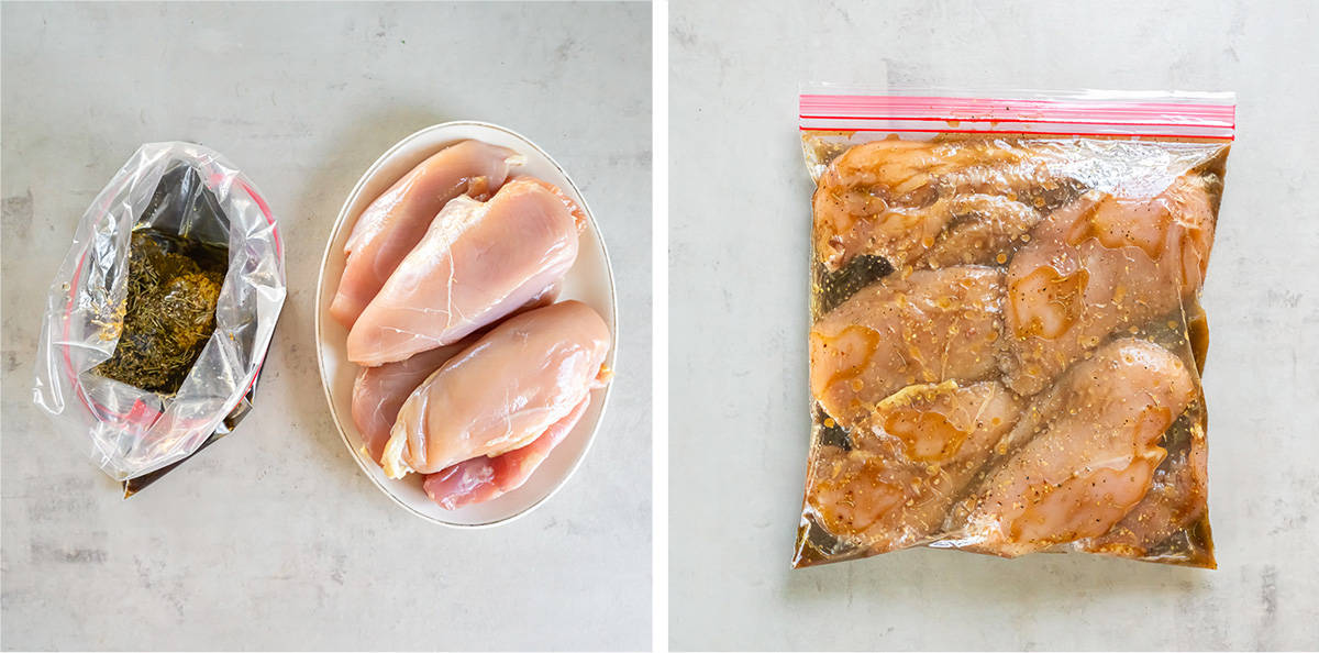 Raw chicken breasts on a plate and in a plastic bag with marinade.