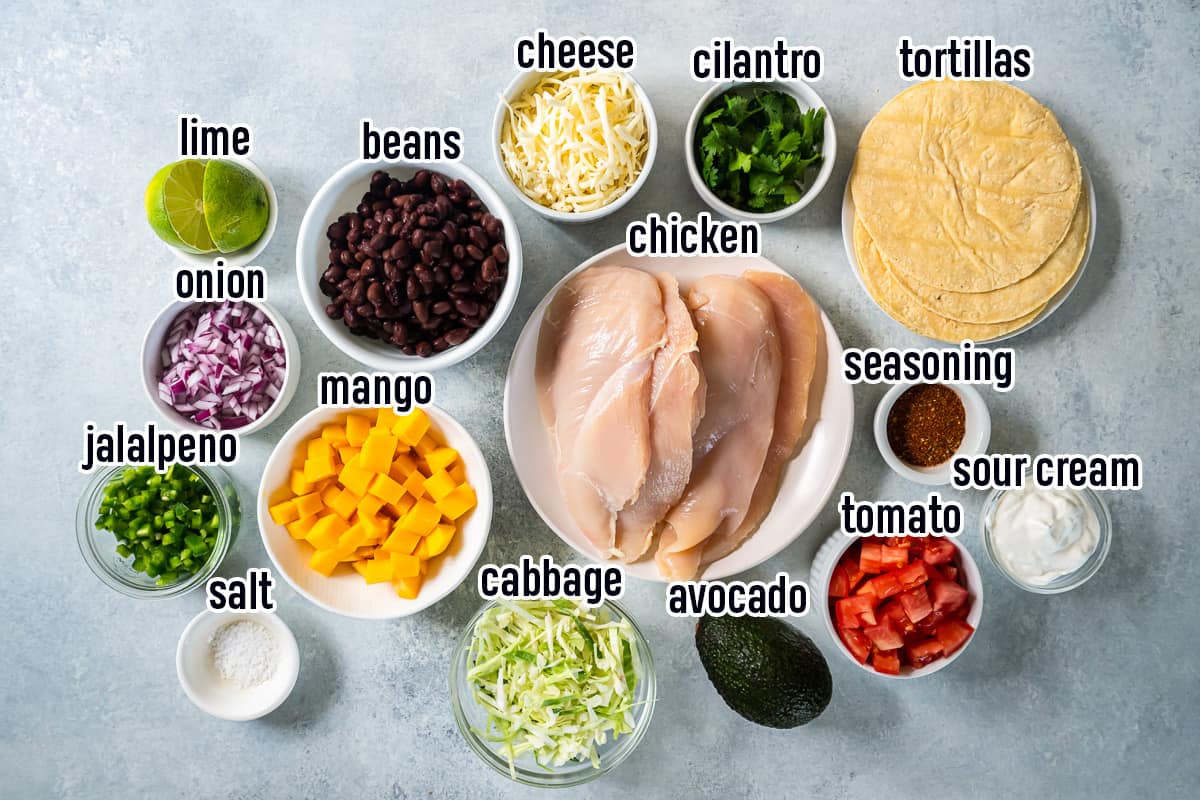 Chicken, chopped mango, black beans, and other ingredients in bowls with text.