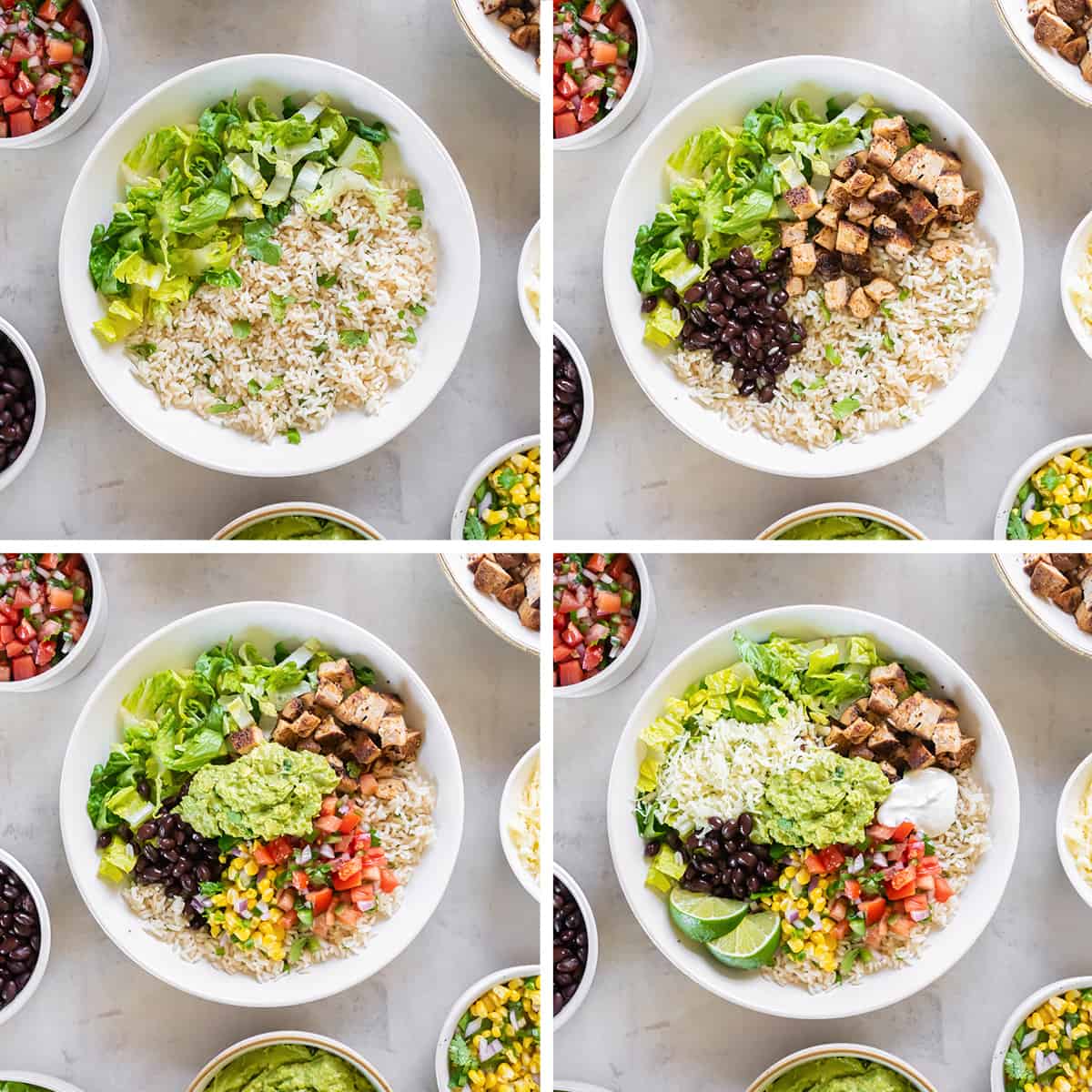 Four images showing a burrito bowl being assembled in a white bowl.