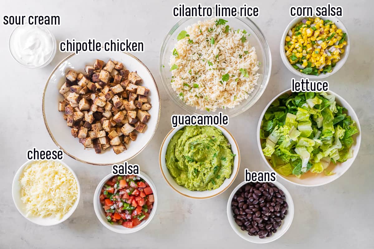 Chipotle burrito bowl ingredients in bowls including chicken, beans, cheese and more with text.