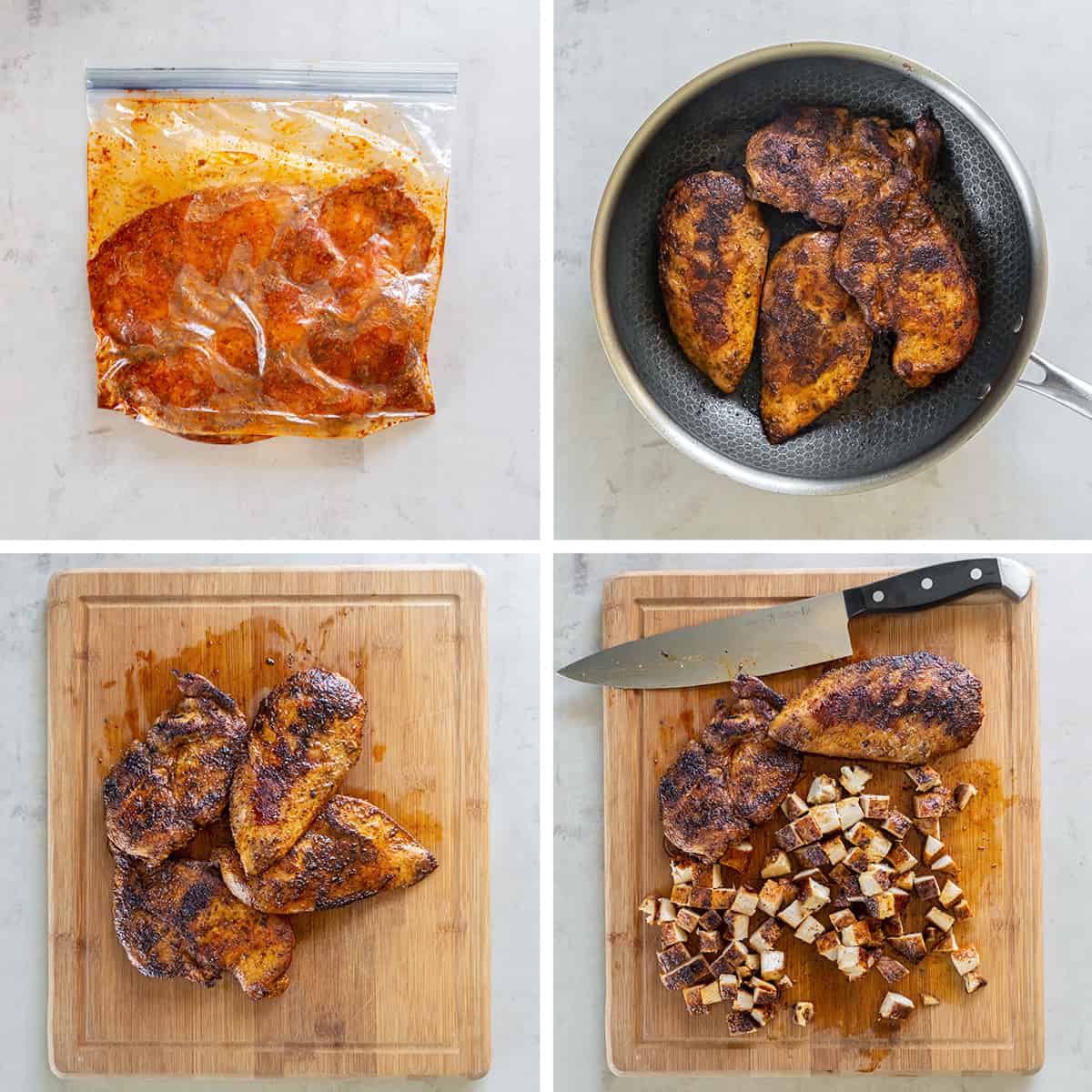 Four images of chicken marinating in a plastic bag, cooking in a skillet, and sliced on a cutting board.