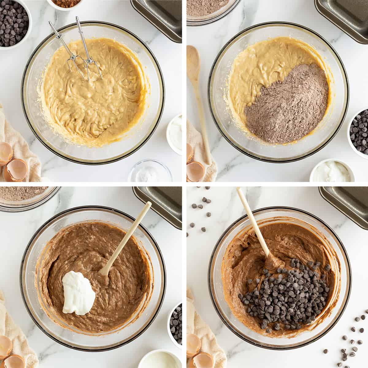 Four images showing chocolate peanut butter banana bread batter being mixed in a bowl with a wooden spoon.