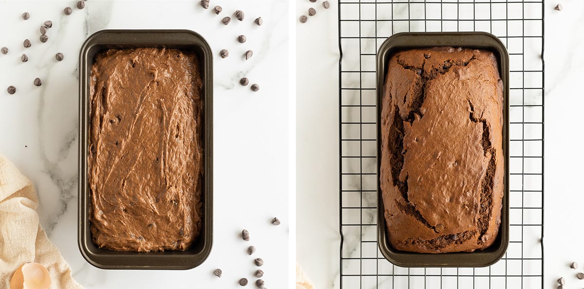 Two images of chocolate peanut butter banana bread batter in a loaf pan before and after baking.