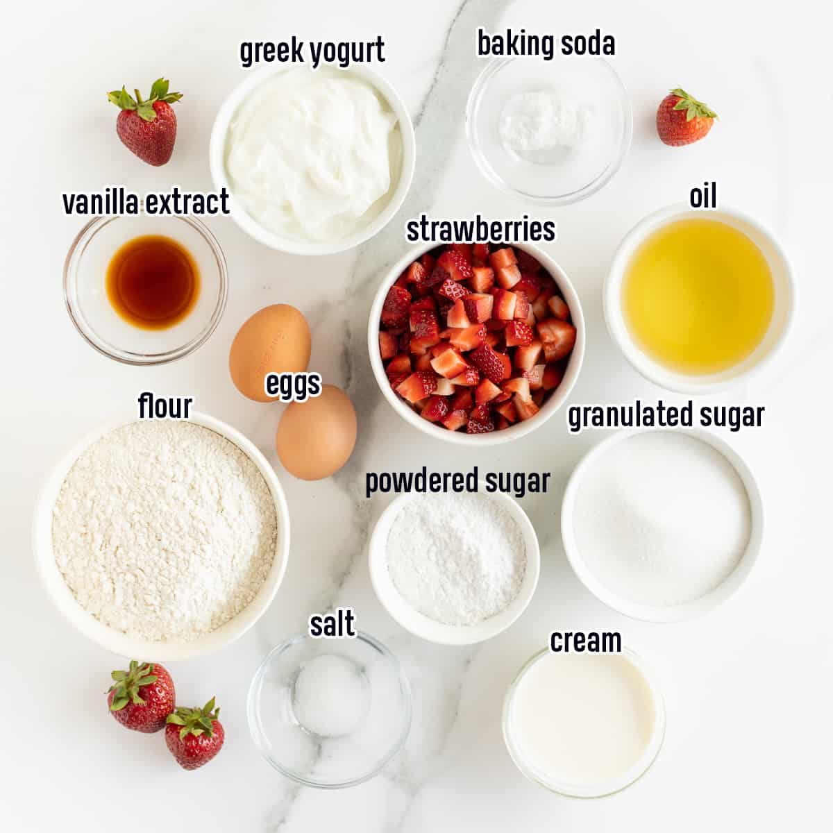 Flour, sugar, strawberries and other ingredients in bowls with text.