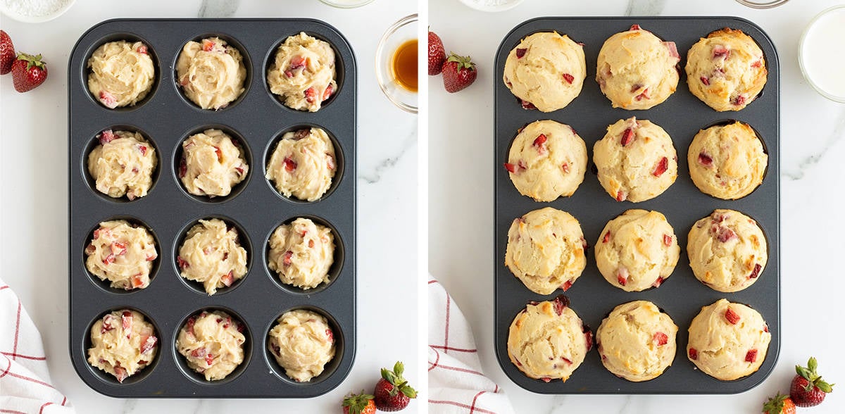 Two images of strawberry muffin batter in a 12-cup muffin pan before and after being baked.