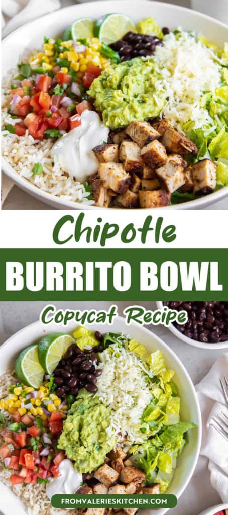Two images of a chipotle burrito bowl with chicken, rice, and beans, with text overlay.