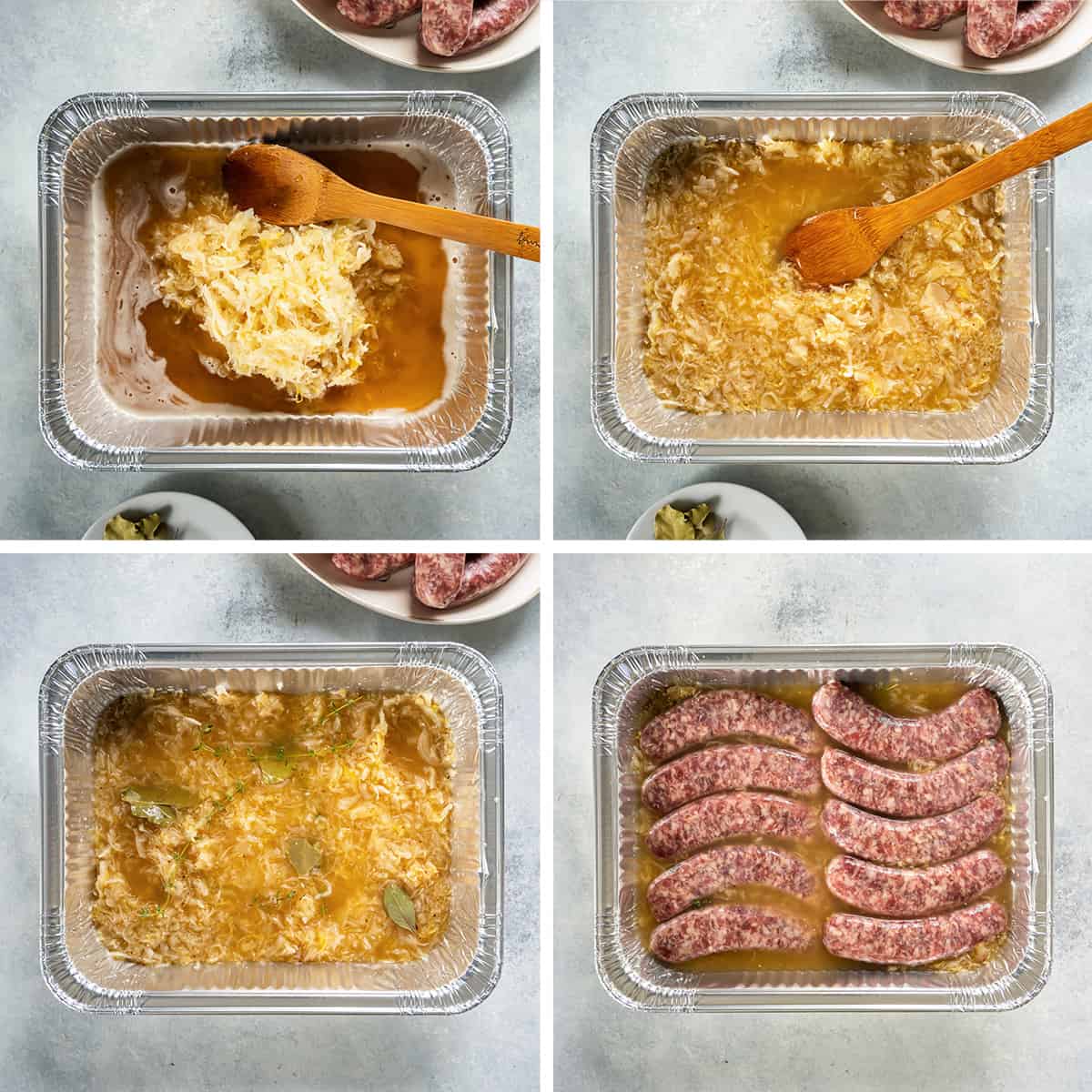 For images of sauerkraut, beer, mustard, and brats in a disposable aluminum foil pan.