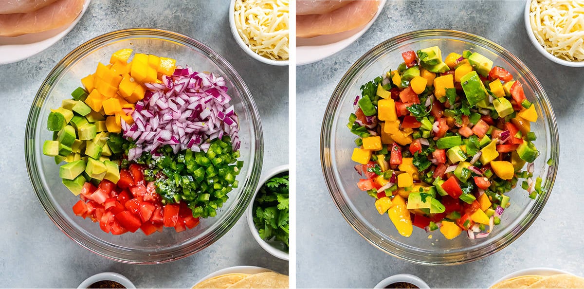 Two images of chopped mango, red onion, and other ingredients in a glass bowl.