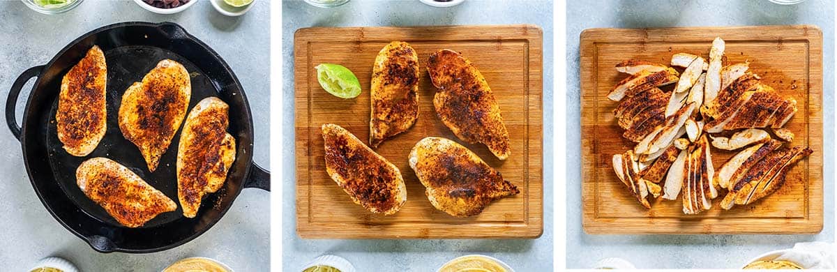 Three images of chicken cooking in a cast iron skillet, resting on a cutting board, and sliced.