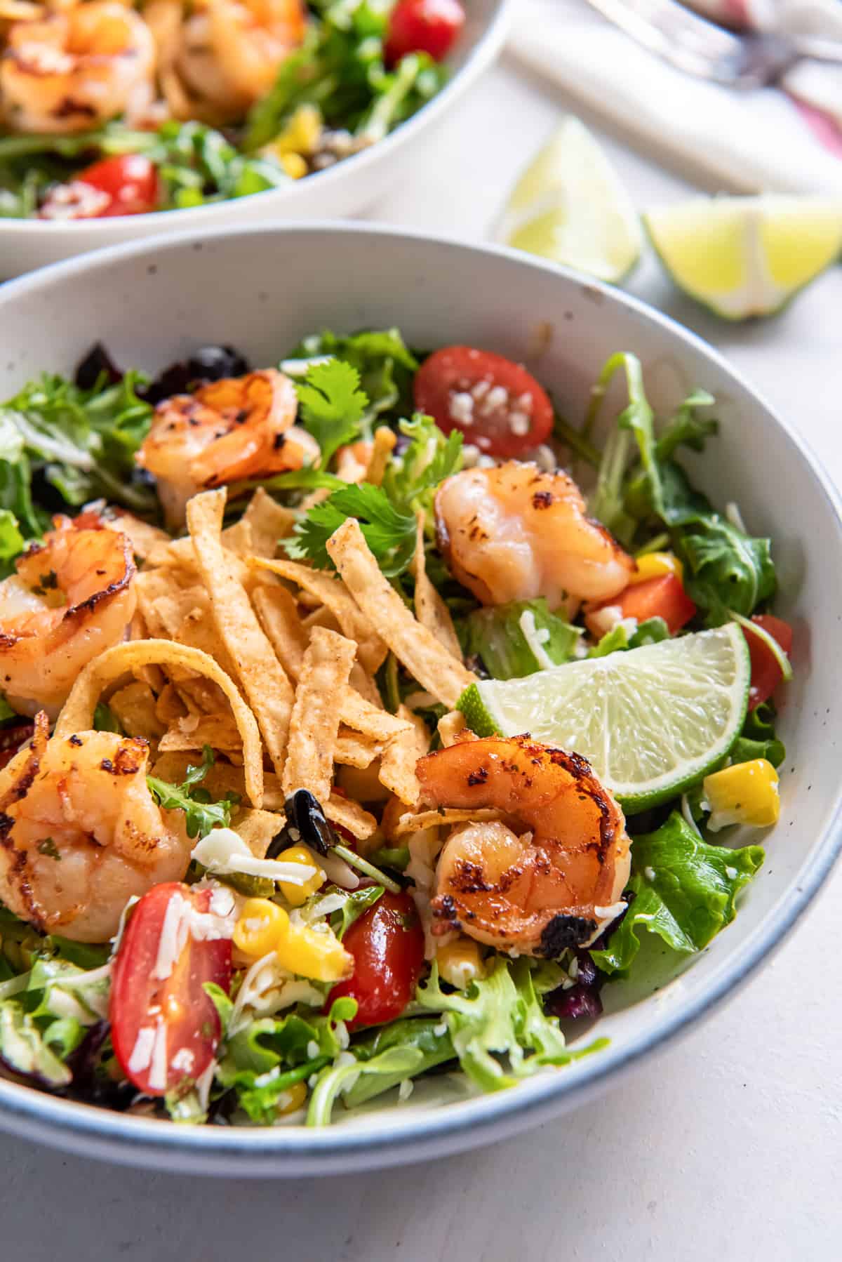 A close up of a salad with shrimp, bell peppers, cheese, and topped with tortilla strips.