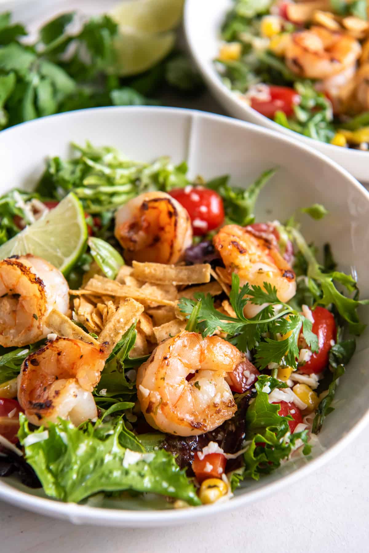 A close up of a salad with shrimp, bell peppers, cheese, and topped with tortilla strips.