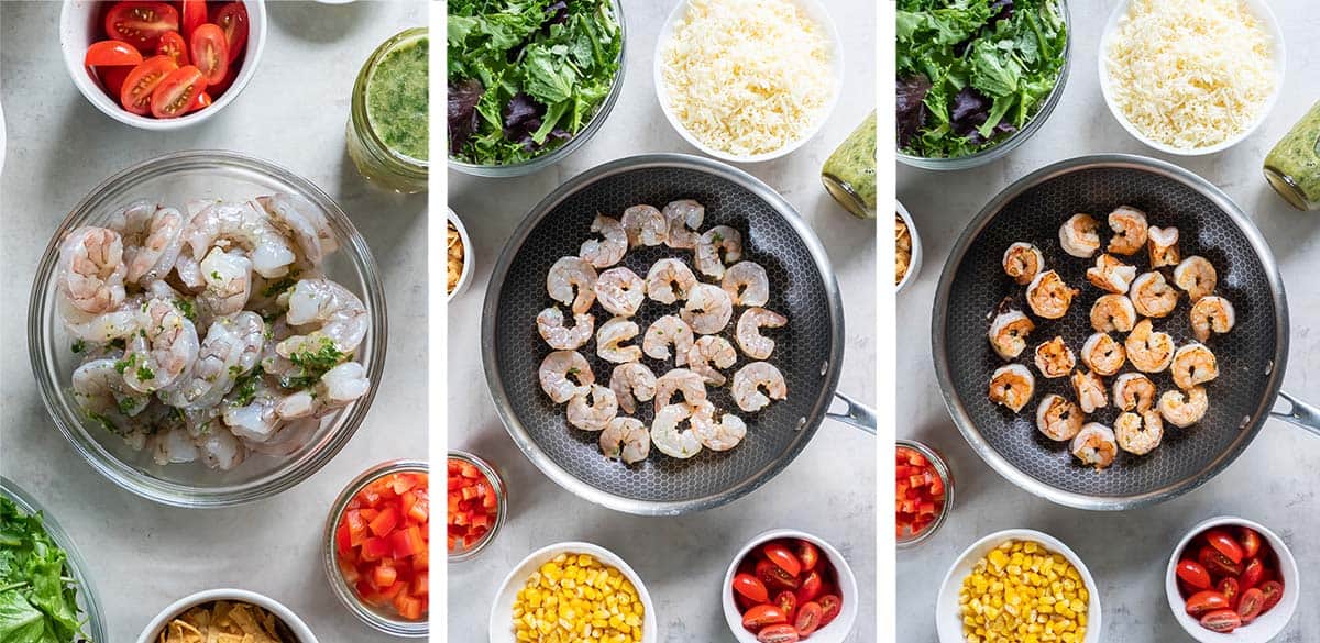 Three images of shrimp marinating in vinaigrette in a bowl and cooking in a skillet.
