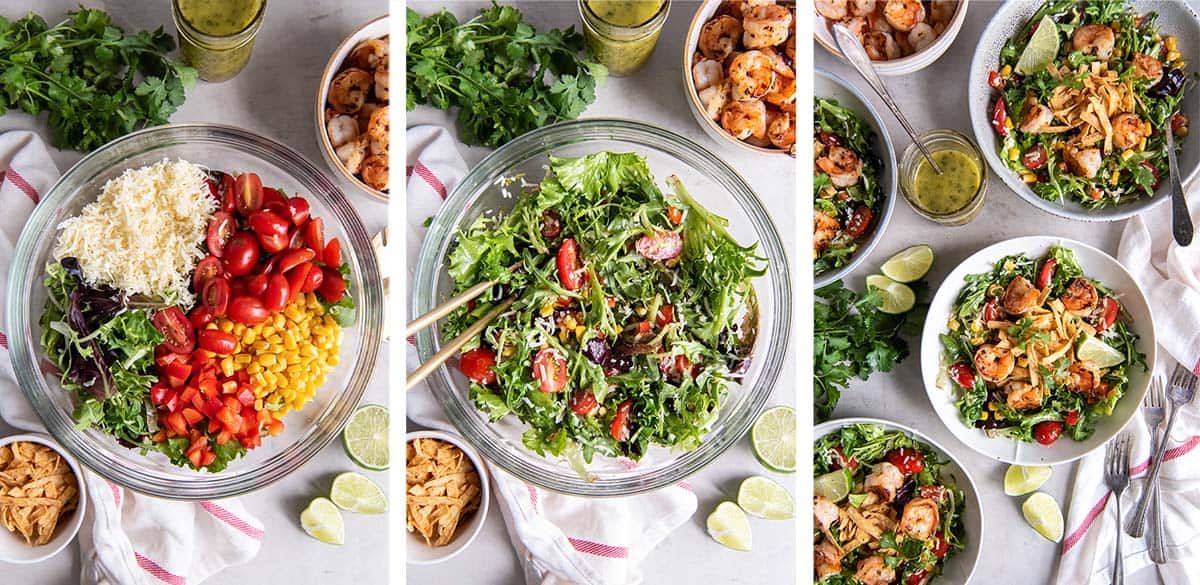 Three images of salad ingredients in a large bowl and in smaller bowls topped with shrimp and tortilla strips.