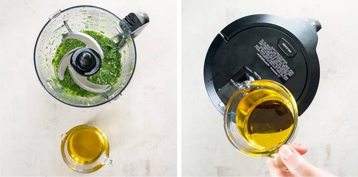 Two images showing cilantro lime vinaigrette being prepared in a food processor.