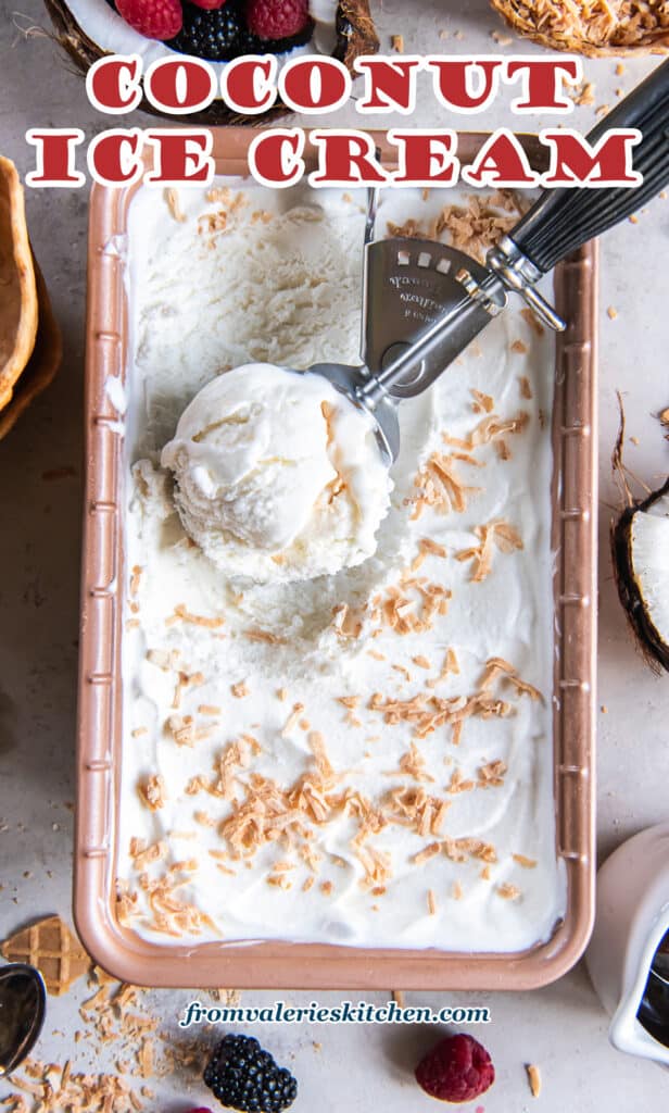 This easy homemade Coconut Ice Cream is bursting with rich coconut flavor and a velvety-smooth texture. You need just 3 ingredients to create this creamy treat with text.