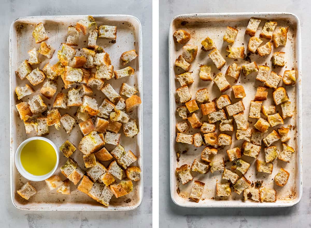 Two images of cubed foccacia on a baking sheet with a small dish of oil and after being tossed with the oil.