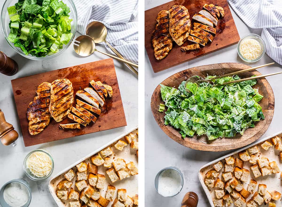 Two images of sliced grilled chicken on a cutting board and Caesar salad being assembled in a wood bowl.