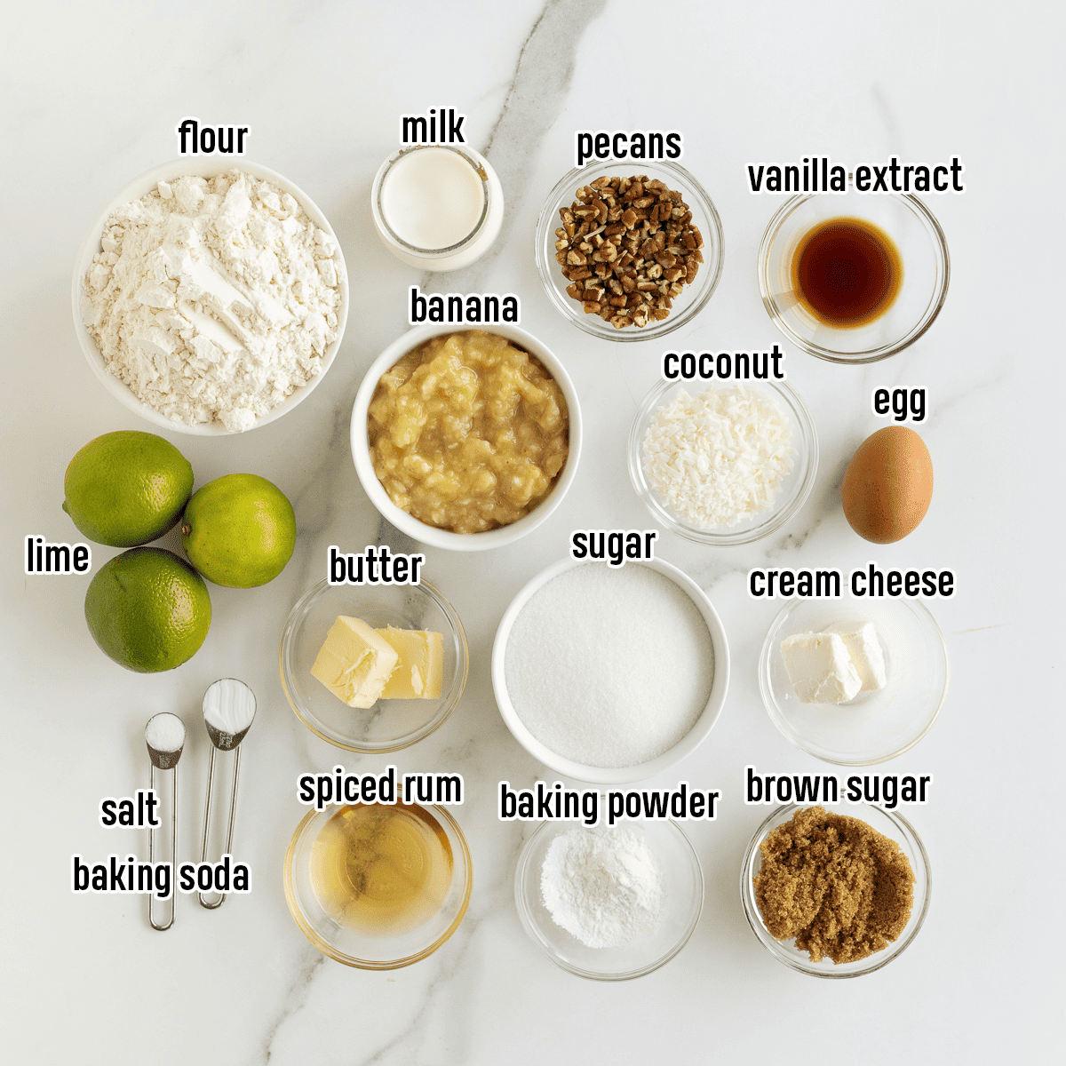 Flour, sugar, mashed banana and other ingredients in bowls with text.