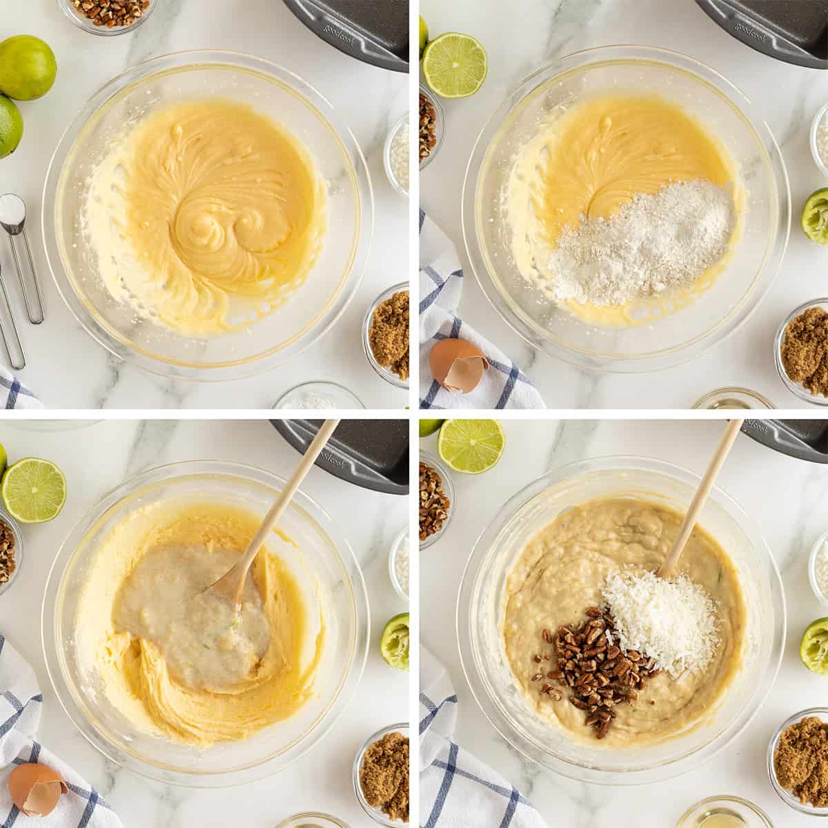 Four images of banana bread batter ingredients combined in a glass mixing bowl.