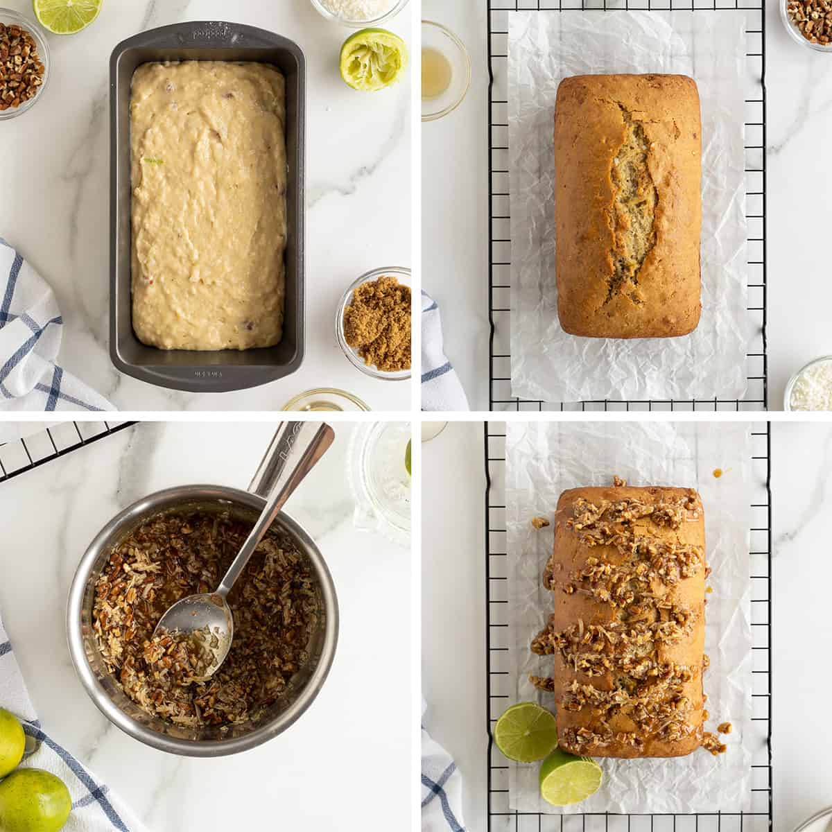 Four images including banana bread batter in a loaf pan, the loaf cooling on a wire rack and topped with a coconut pecan mixture.