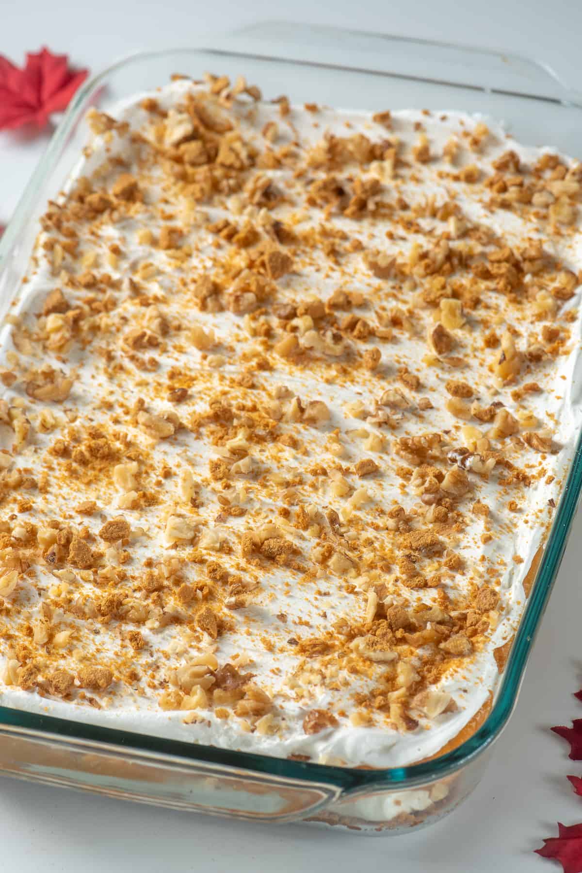 A creamy pumpkin dessert in a 13 by 9 inch glass dish topped with Cool Whip and crushed gingersnaps.