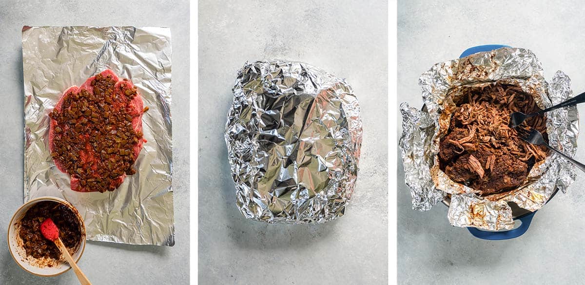 Three images of a seasoning paste on a chuck roast, the roast enclosed in foil, and the cooked beef being shredded with two forks.