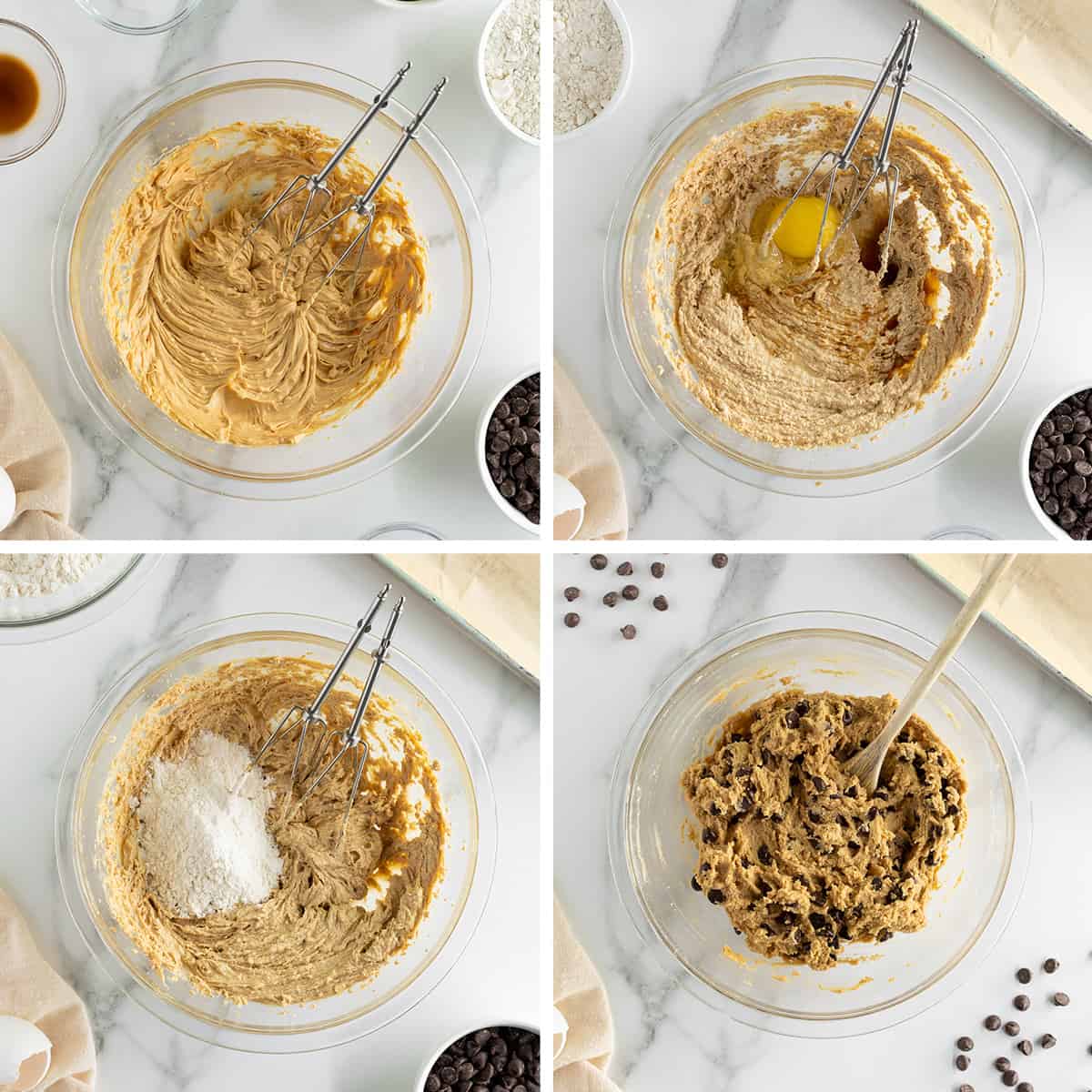 Four images of cookie dough ingredients being combined in a glass mixing bowl.