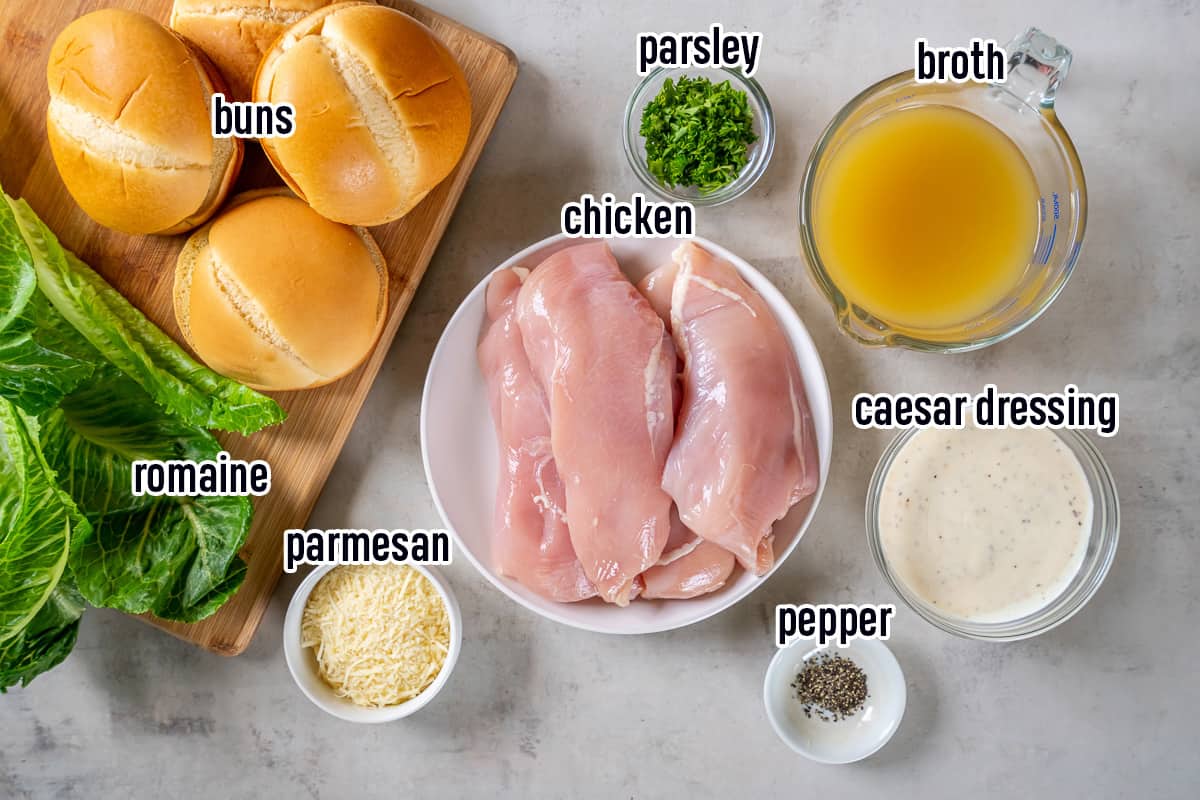 Chicken, Caesar salad dressing, and other ingredients in bowls with text.