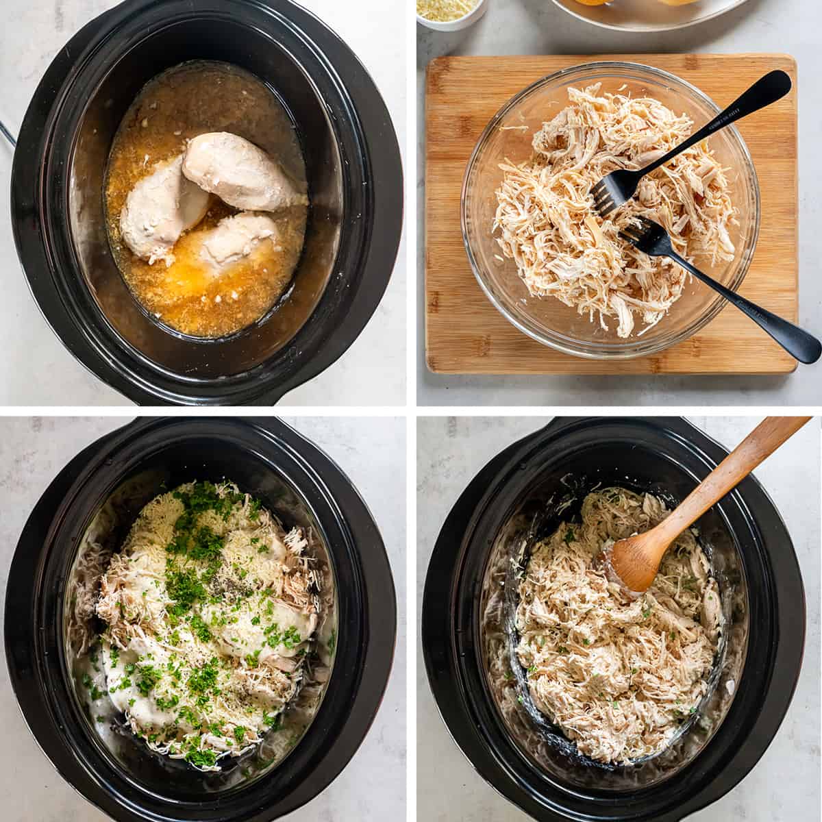 Four images of chicken in a slow cooker, shredded in a bowl, and back in the slow cooker mixed with Caesar salad dressing.