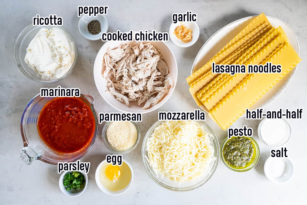 Lasagna noodles, marinara, ricotta and other ingredients in bowls with text.