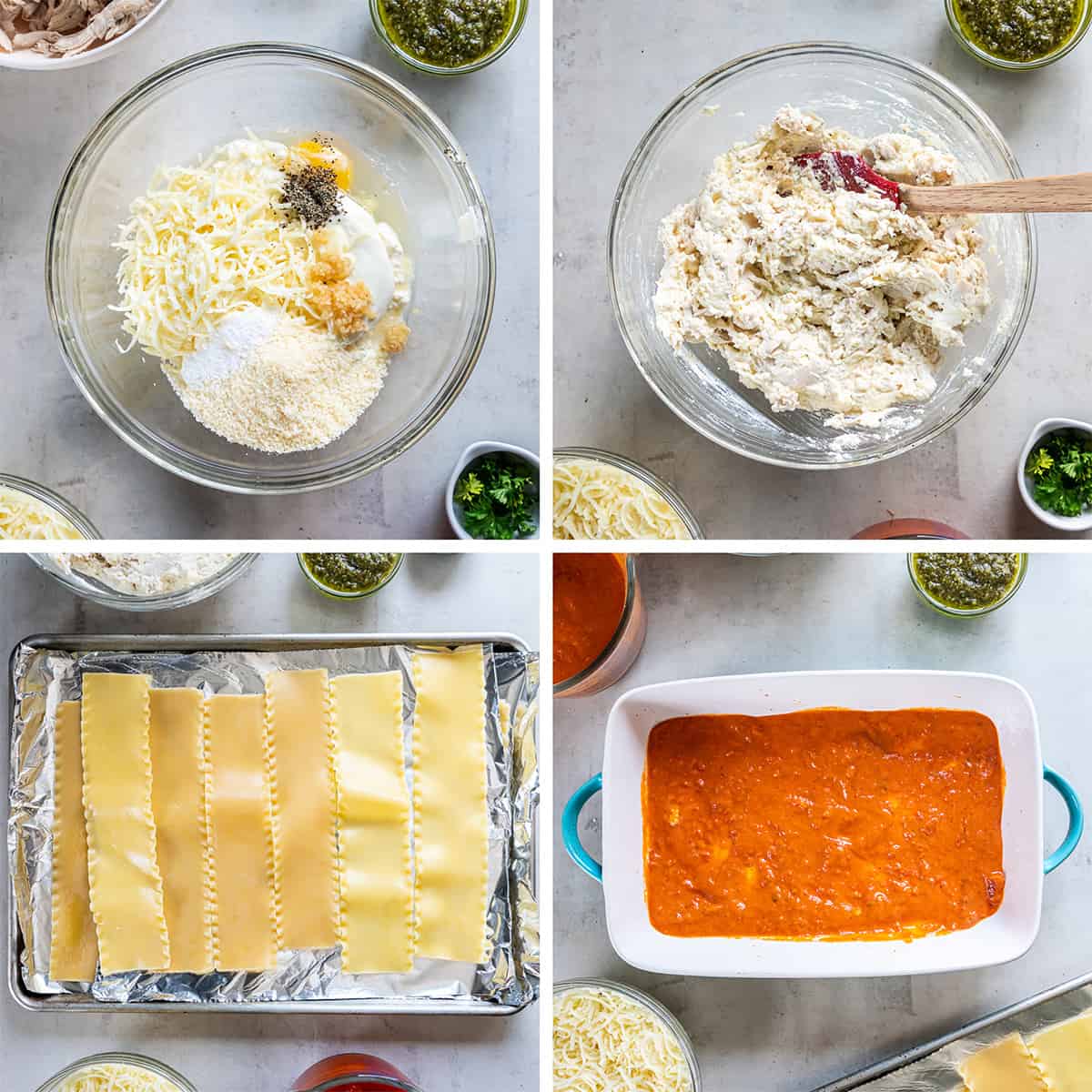 Four images of a ricotta and chicken mixture in a glass bowl, cooked lasagna noodles o a sheet of foil, and sauce coating the bottom of a baking dish.