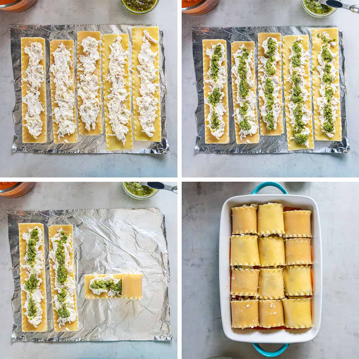 Four images of lasagna noodles layered with filling, rolled up, and placed in a baking dish.