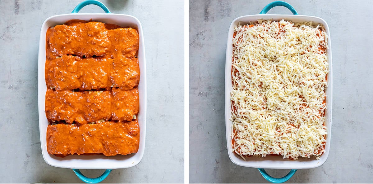 Lasagna roll ups in a baking dish topped with marinara sauce and cheese.