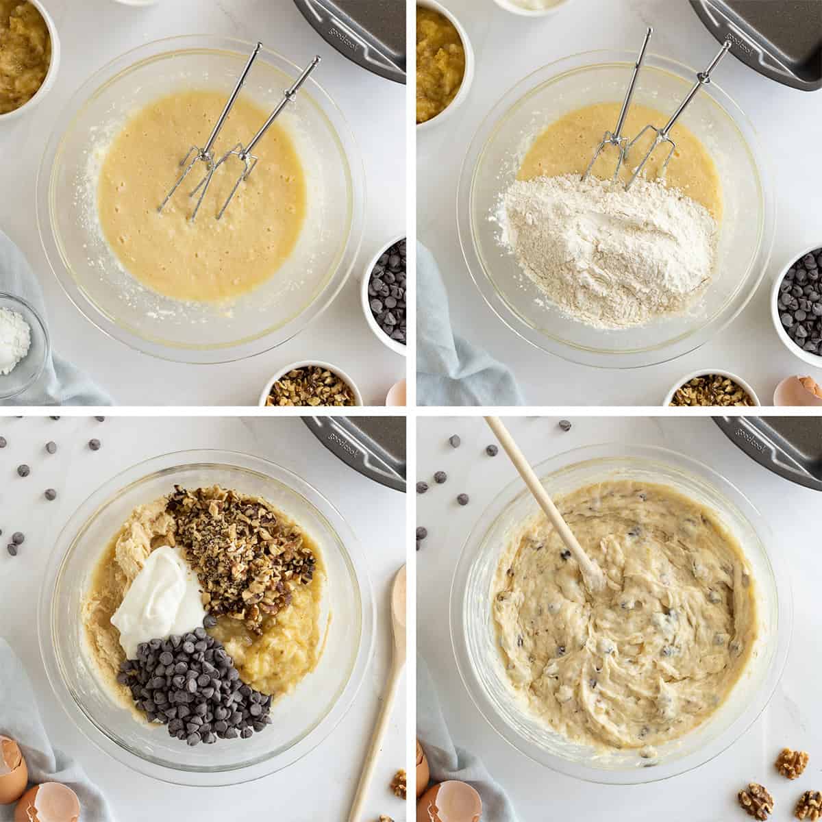 Four images of chocolate chip banana bread ingredients in a mixing bowl.