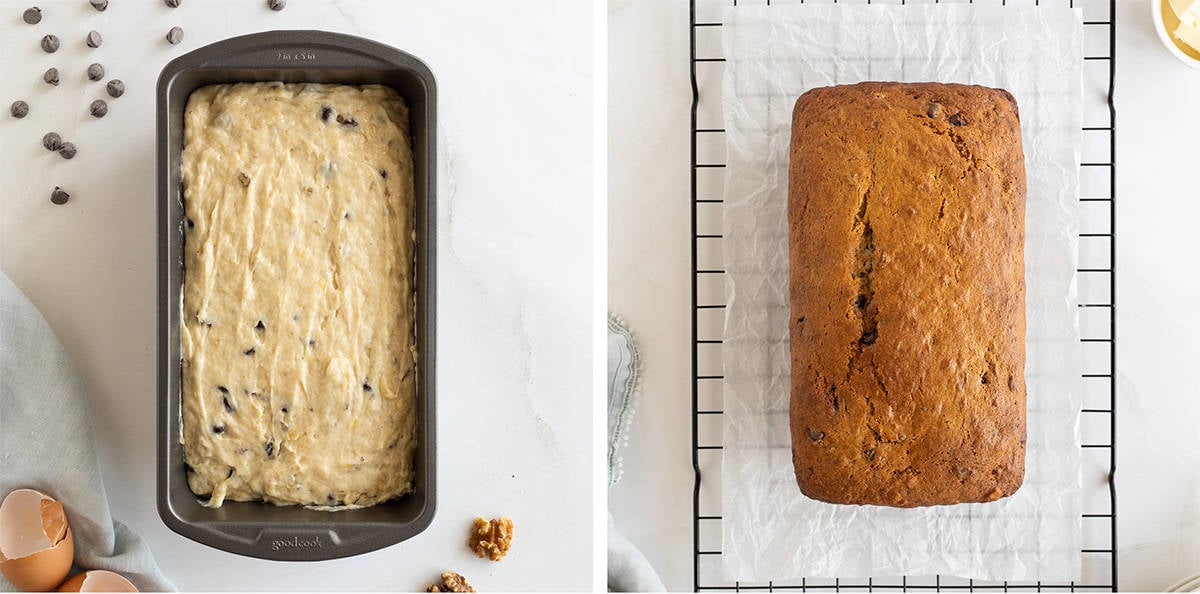 Two images of banana bead batter in a loaf pan and a baked loaf on wire rack.