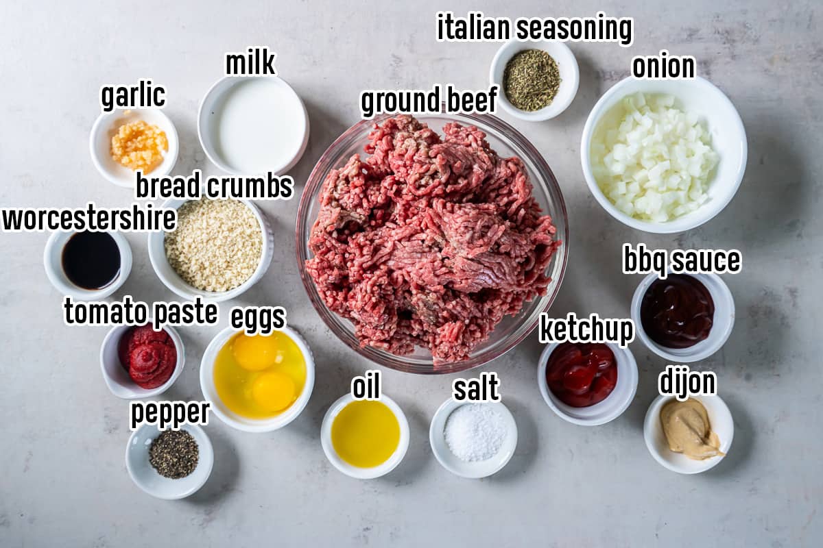 Ground beef, bread crumbs, eggs, and other ingredients in bowls with text.