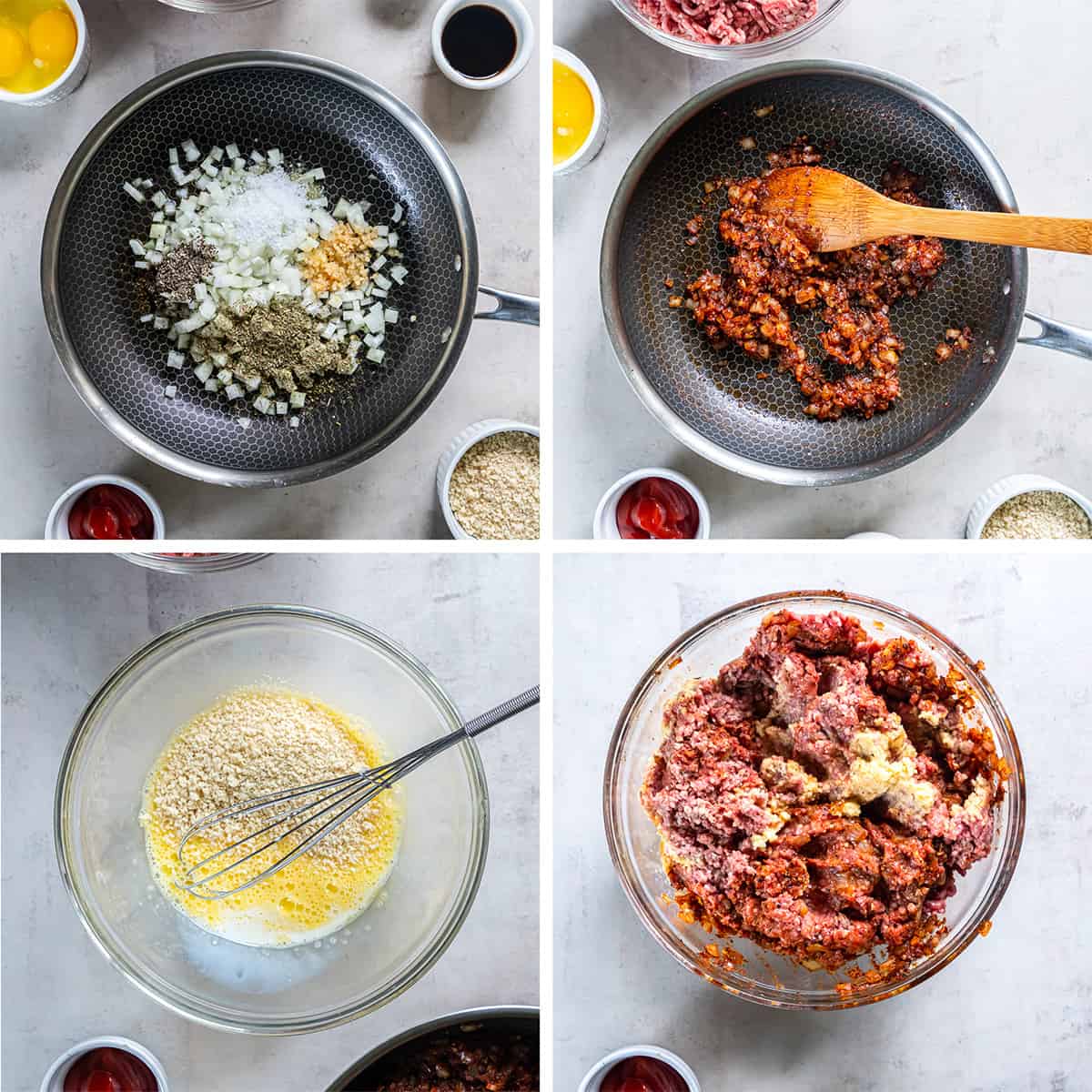 Four images of onion, garlic and spices cooking in a skillet. Tomato paste is added. Eggs and bread crumbs in a bowl with a whisk and ground beef and the onion mixture is added.