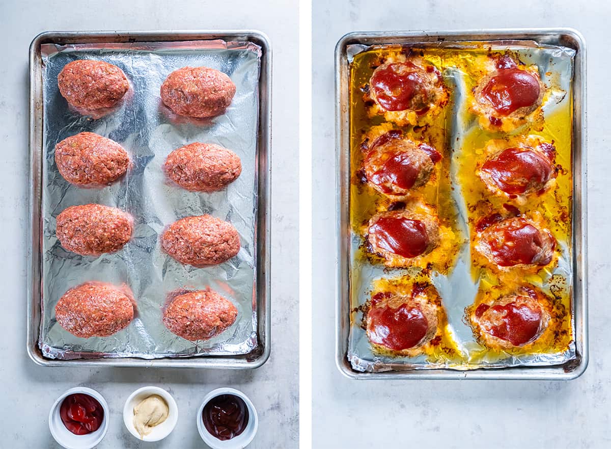 Two images of mini meatloaves on a foil lined baking sheet before and after being glazed and baked.