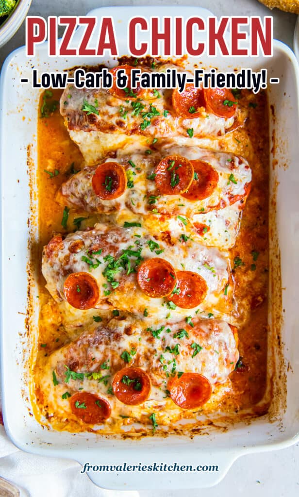 A top down shot of four pieces of stuffed chicken topped with cheese and pepperoni in a baking dish with text.