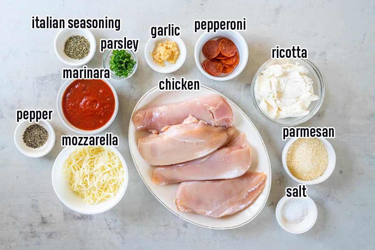 Boneless chicken breasts, marinara sauce and other ingredients in bowls with text.