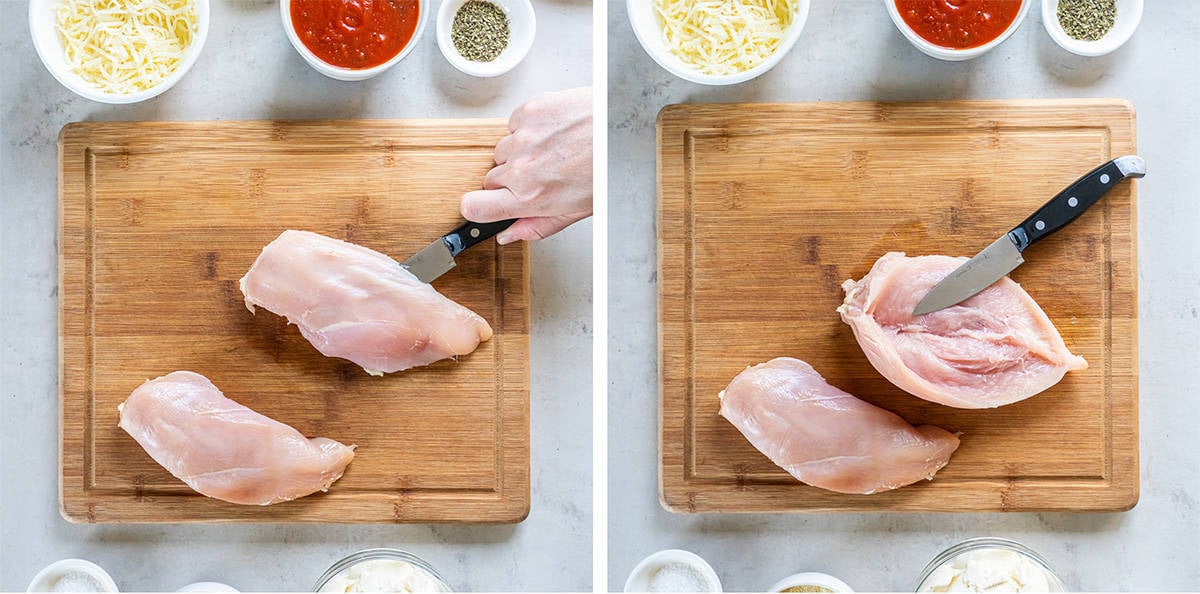 Two images of a knife slicing a pocket in a chicken breast on a cutting board.