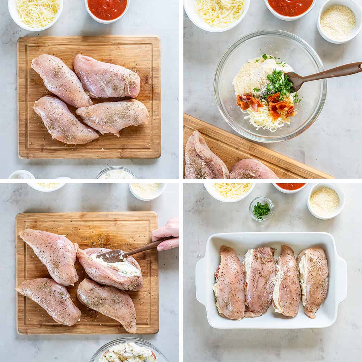 Four images of a ricotta mixture in a bowl, stuffed inside chicken breasts, and the chicken in a baking pan.