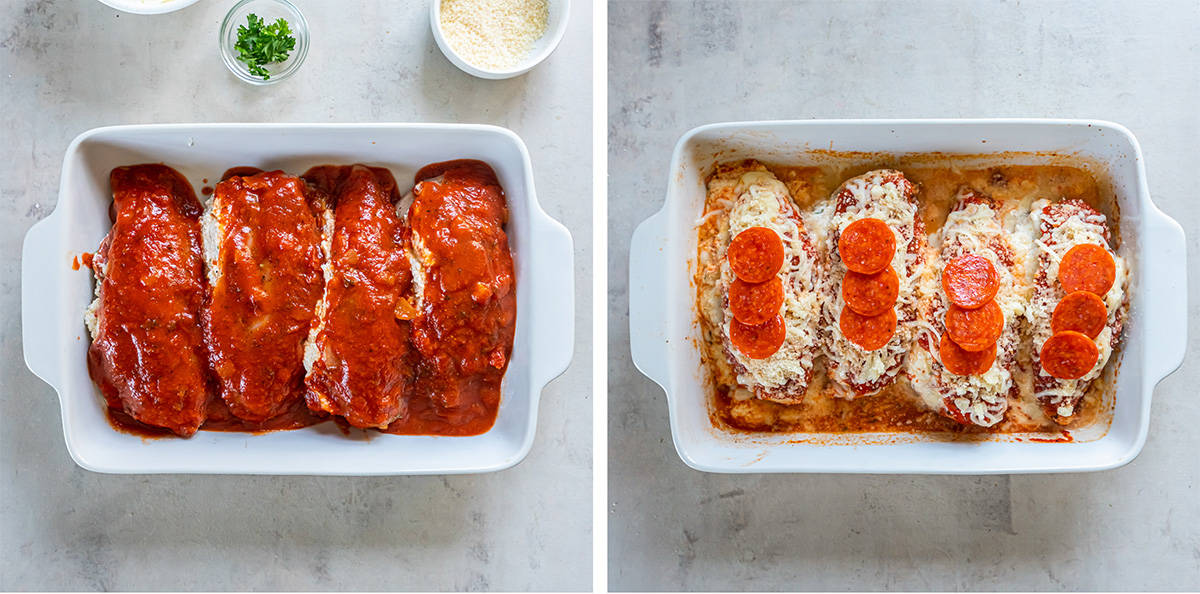 Two images of chicken covered with marinara in a baking pan and covered with cheese and slices of pepperoni.