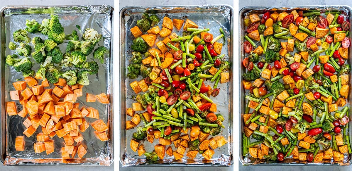 Three images of chopped vegetables on a sheet pan before and after roasting.