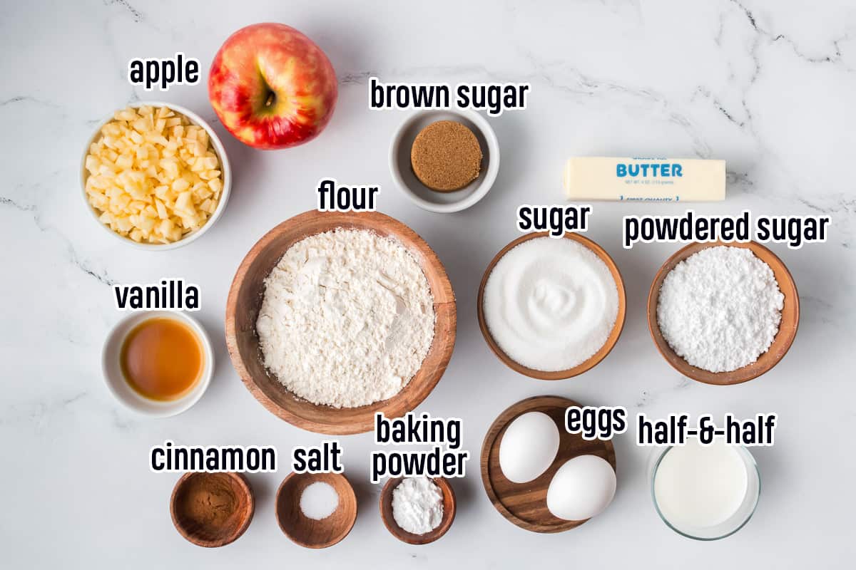 Flour, sugar, apple, and other ingredients in bowls with text.