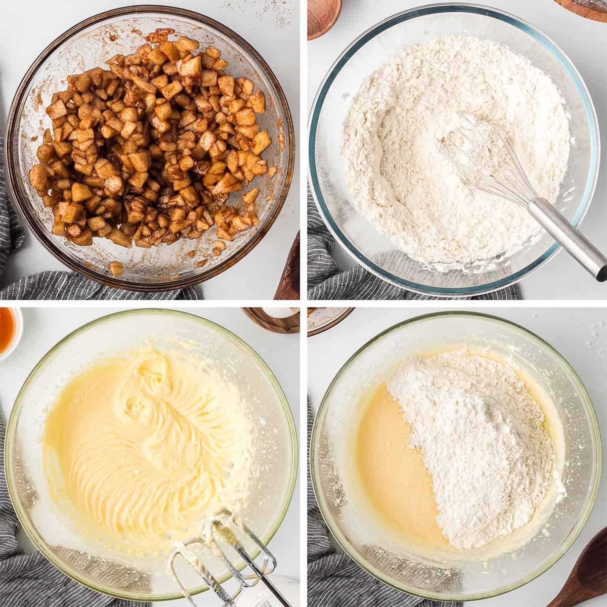 Four images of spiced apples, dry ingredients and wet ingredients in bowls.