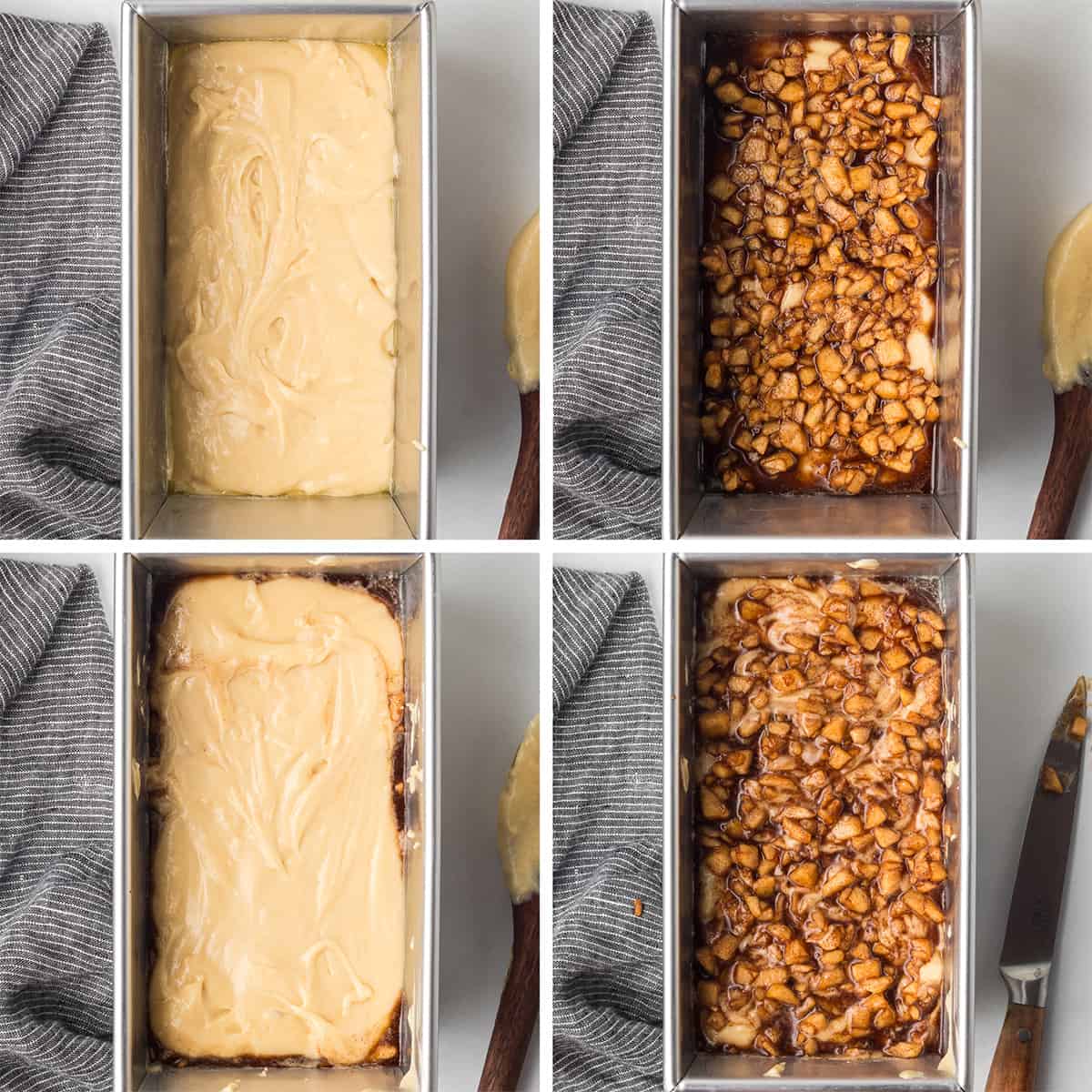 Four images of batter and spiced apples layered in a loaf pan.